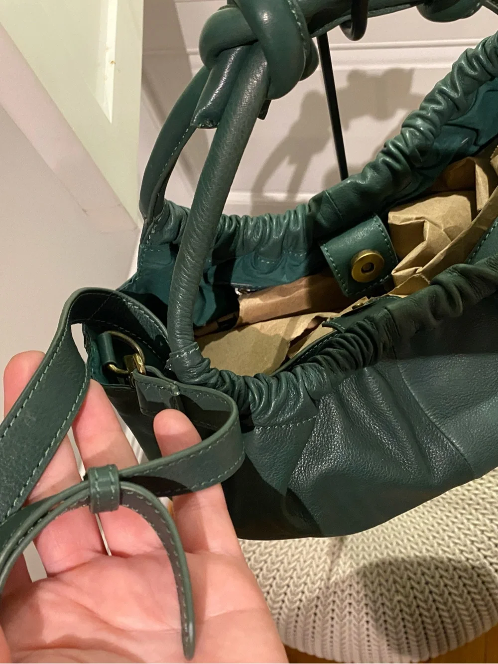 Free People Dark Green Leather Satchel with Knotted Handle